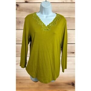 Jones New York Floral V-Neck Top Sz L Chartreuse Long-Sleeve Blouse Shirt